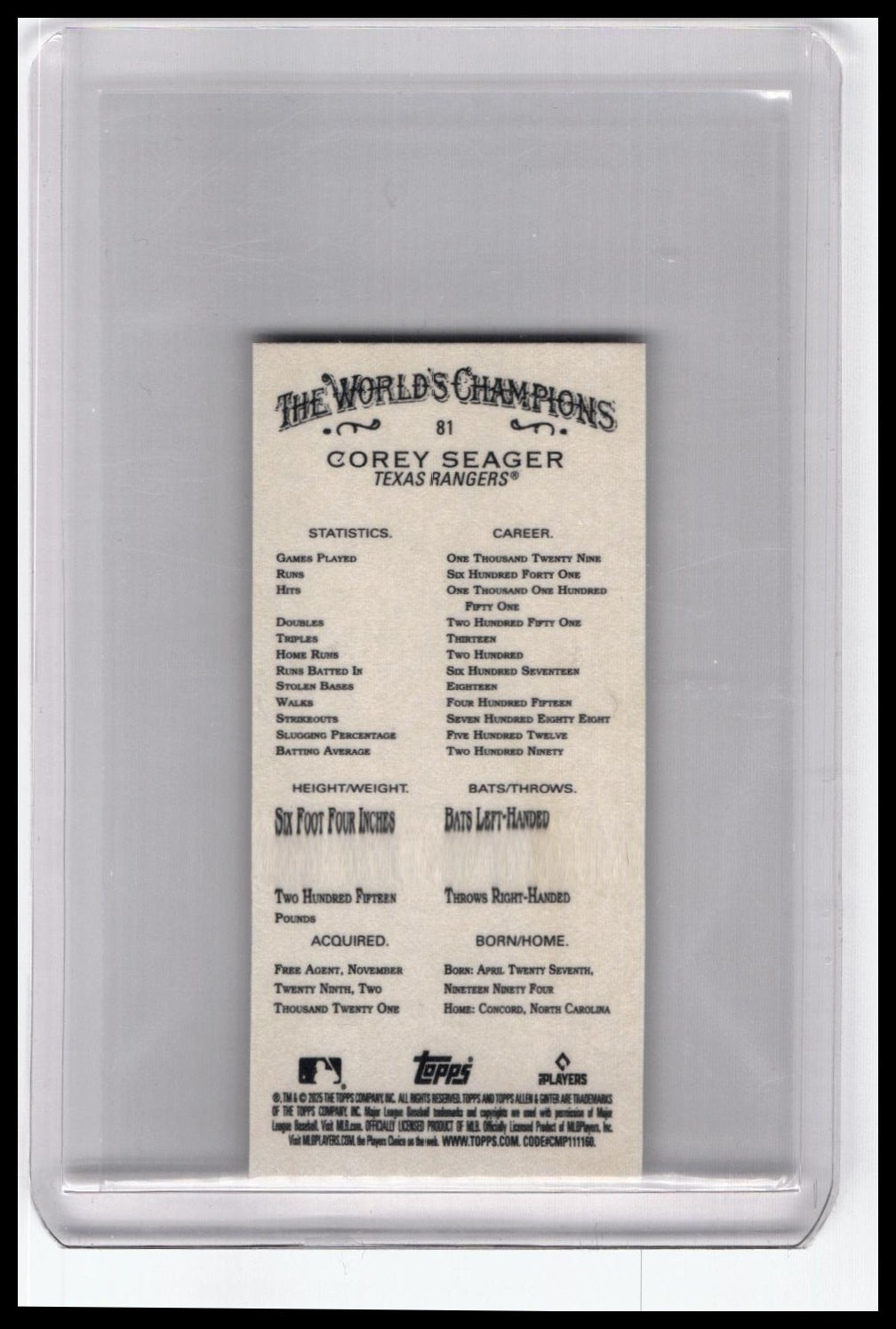 2025 Topps Allen & Ginter #81 Corey Seager Mini-Card
