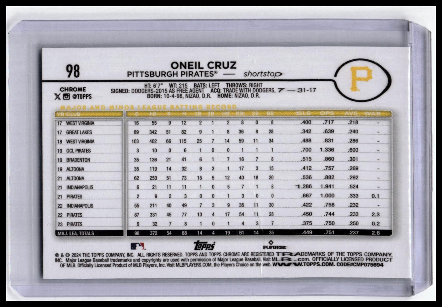 2024 Topps Chrome #98 Oneil Cruz Aqua Refractor /199