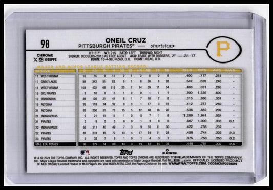 2024 Topps Chrome #98 Oneil Cruz Aqua Refractor /199
