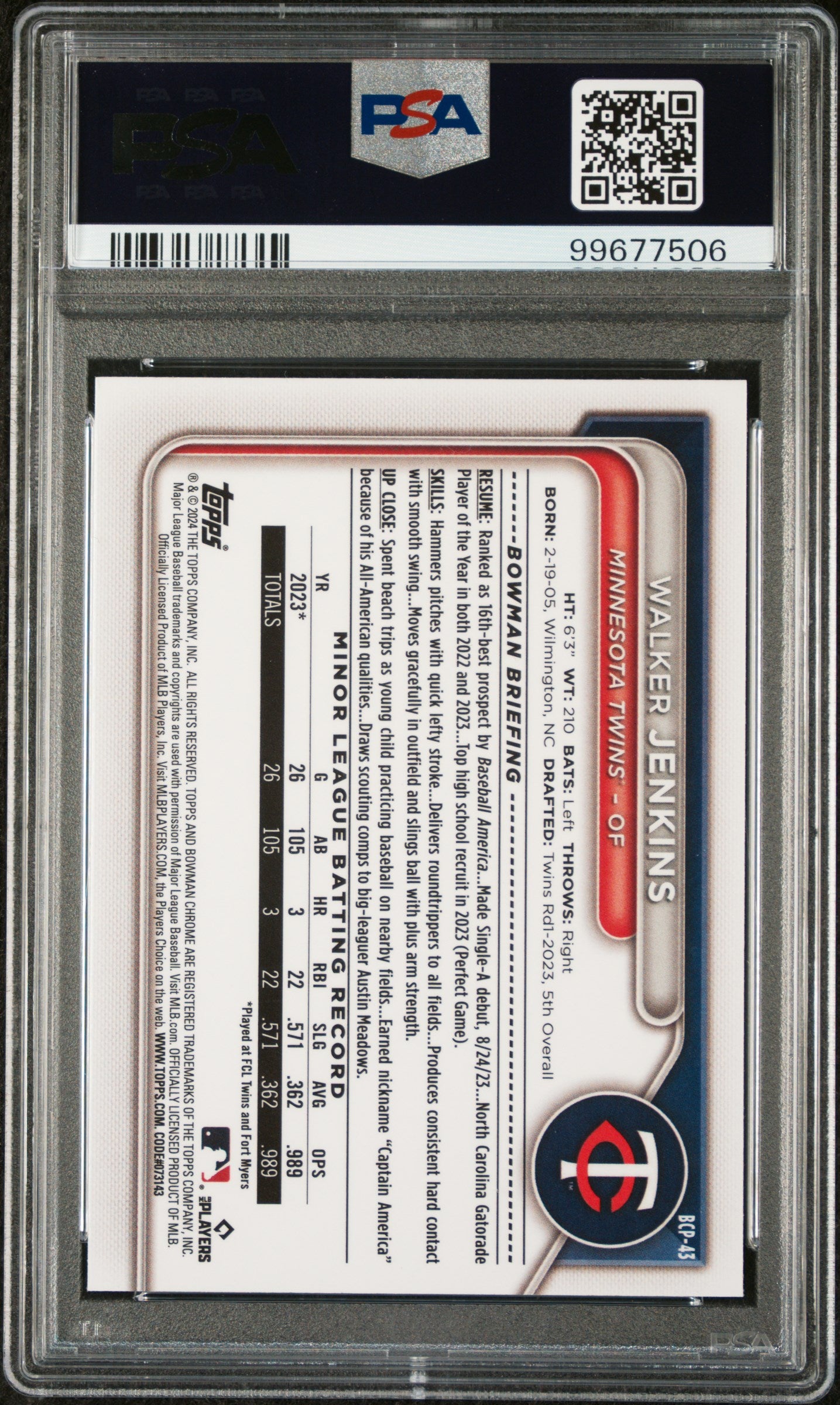 2024 Bowman Chrome Prospects #BCP43 Walker Jenkins PSA 10
