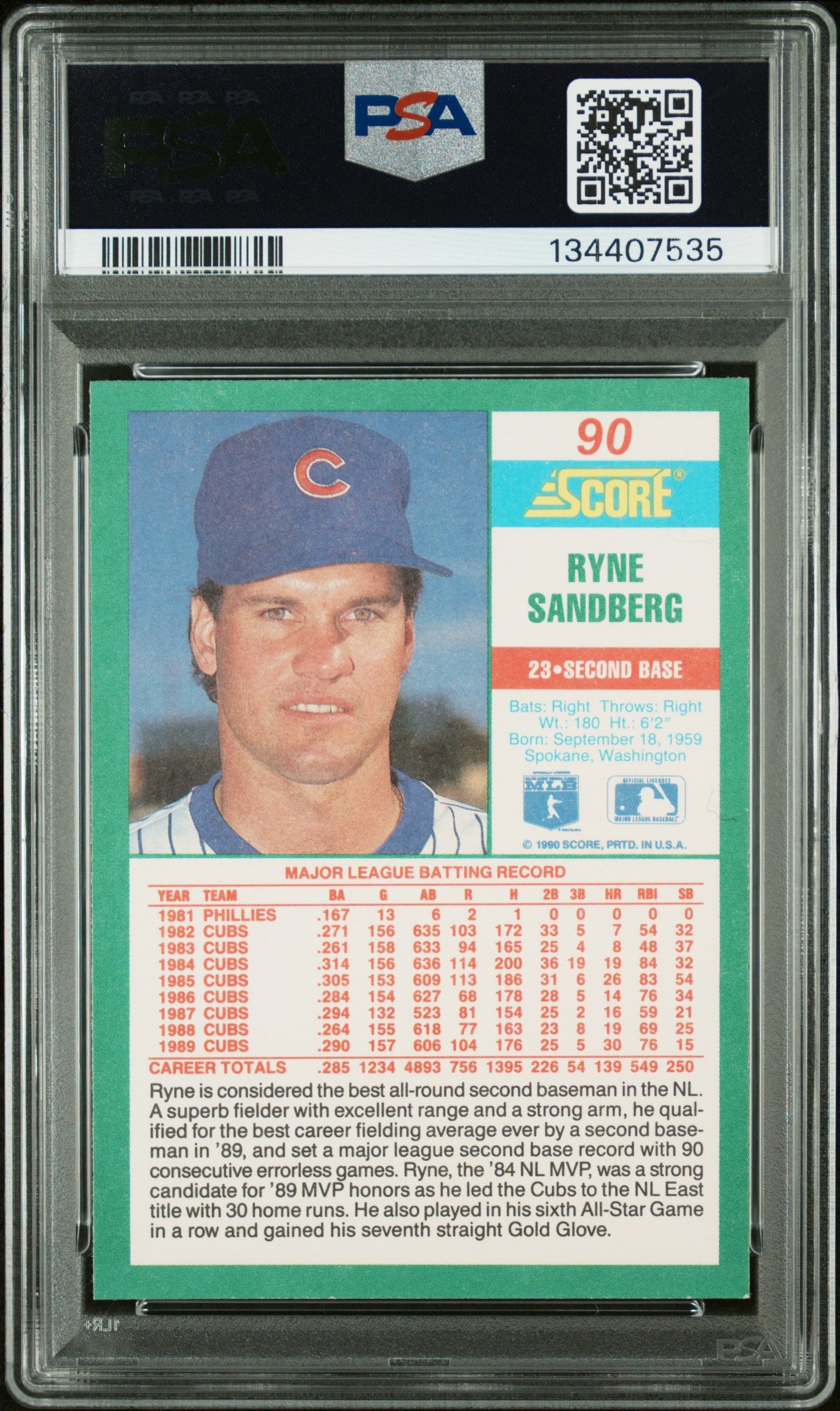 1990 Score #90 Ryne Sandberg PSA 9