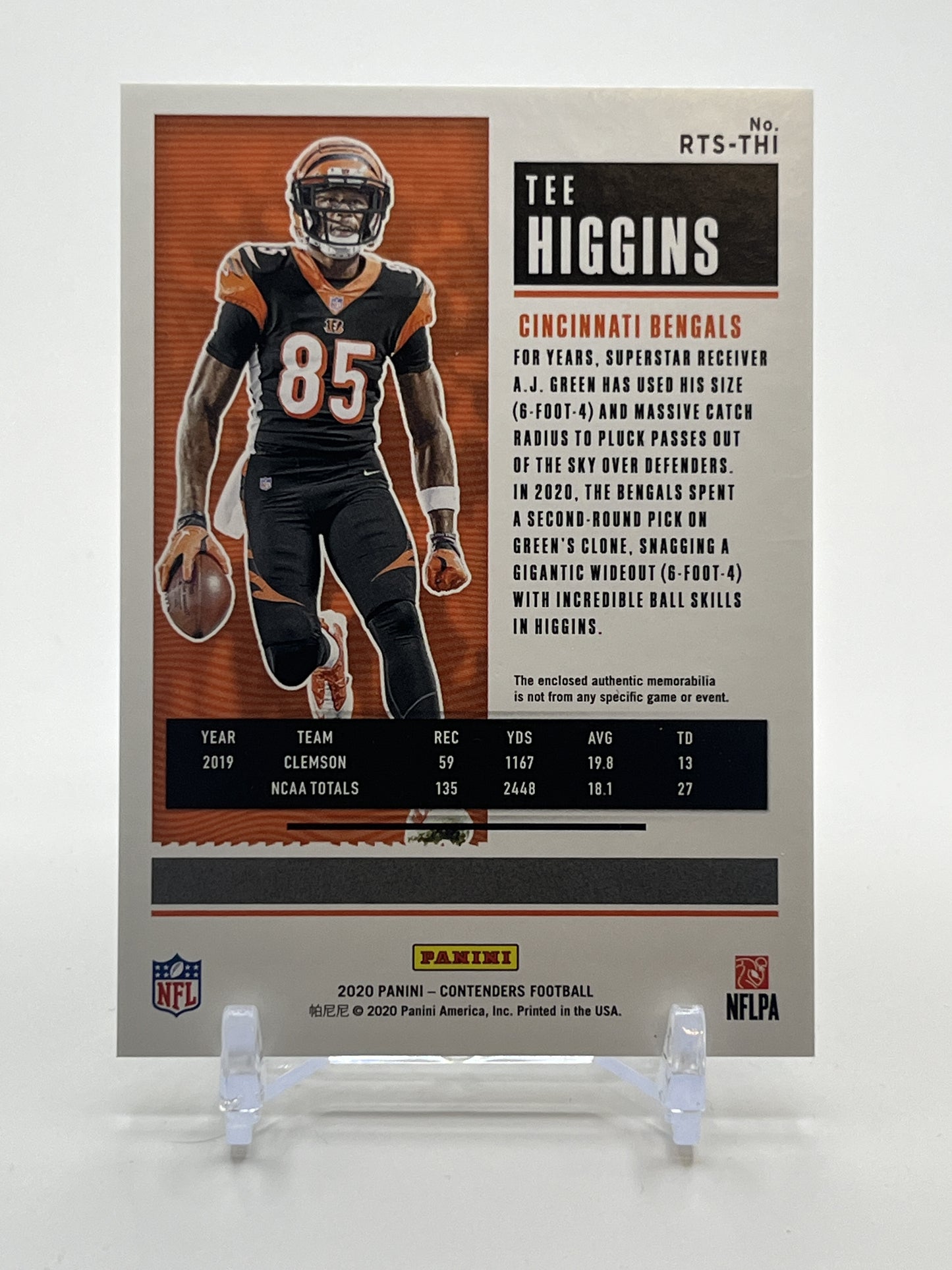 2020 Panini Contenders #RTS-THI Tee Higgins Rookie Ticket Swatches
