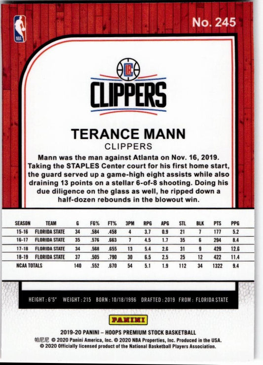 2019-20 Hoops Premium Stock #245 Terance Mann