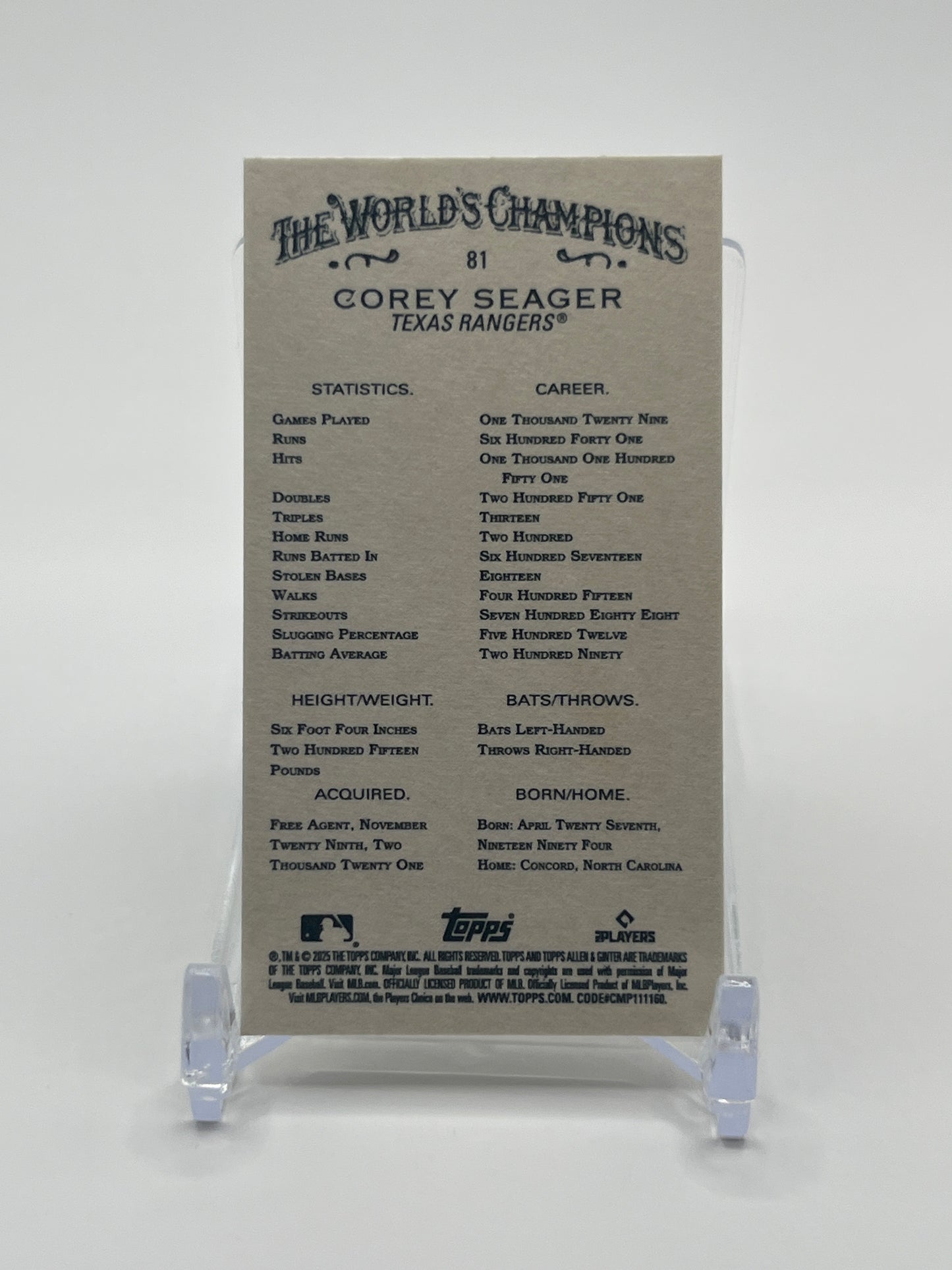 2025 Topps Allen & Ginter #81 Corey Seager Mini-Card