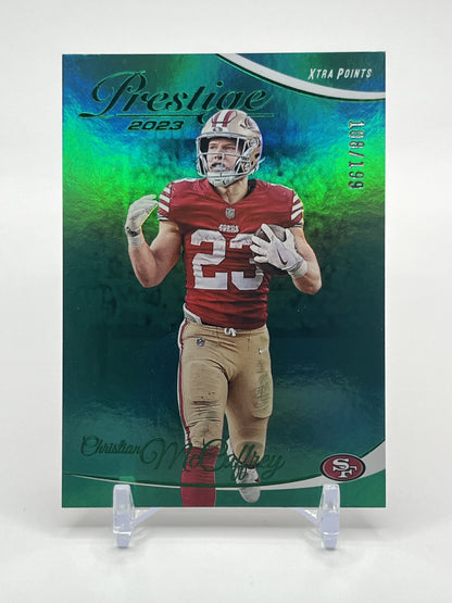 2023 Panini Prestige #257 Christian McCaffrey Xtra Points Premium Green #/199