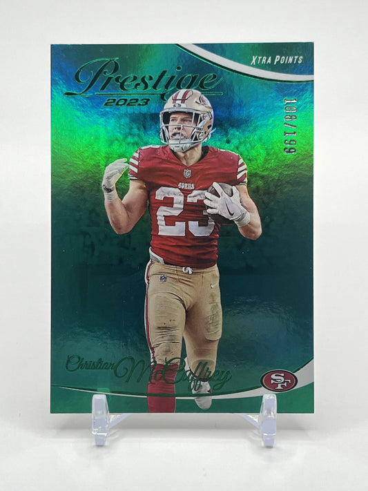 2023 Panini Prestige #257 Christian McCaffrey Xtra Points Premium Green #/199
